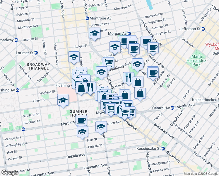 map of restaurants, bars, coffee shops, grocery stores, and more near 75 Beaver Street in Brooklyn