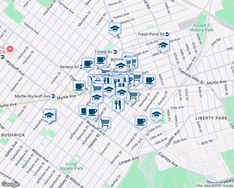 map of restaurants, bars, coffee shops, grocery stores, and more near 933 Seneca Avenue in Queens