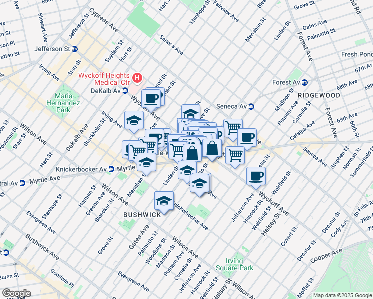 map of restaurants, bars, coffee shops, grocery stores, and more near 1550 Gates Avenue in Brooklyn