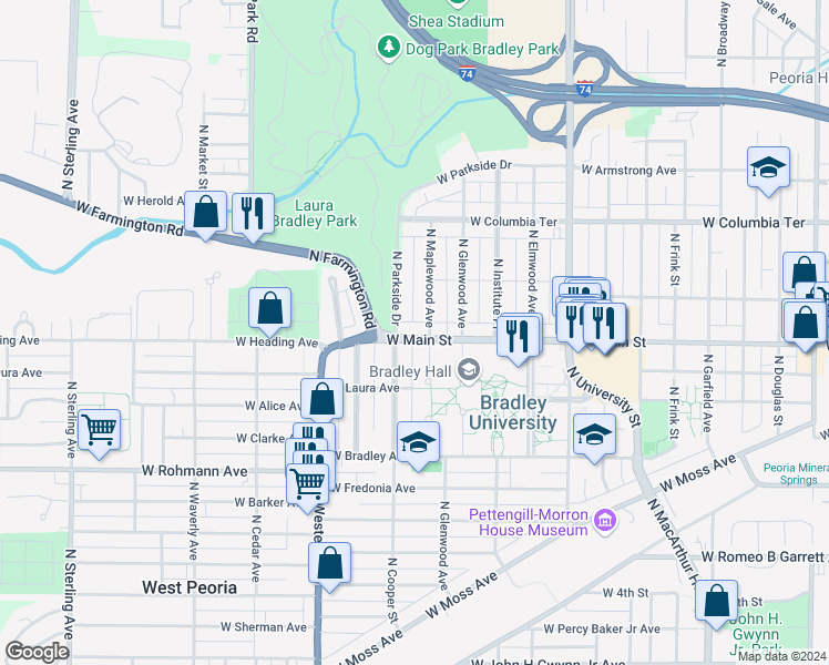 map of restaurants, bars, coffee shops, grocery stores, and more near 1633 West Main Street in Peoria