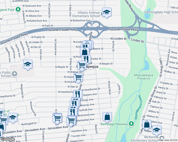 map of restaurants, bars, coffee shops, grocery stores, and more near 180 North Chestnut Street in Massapequa