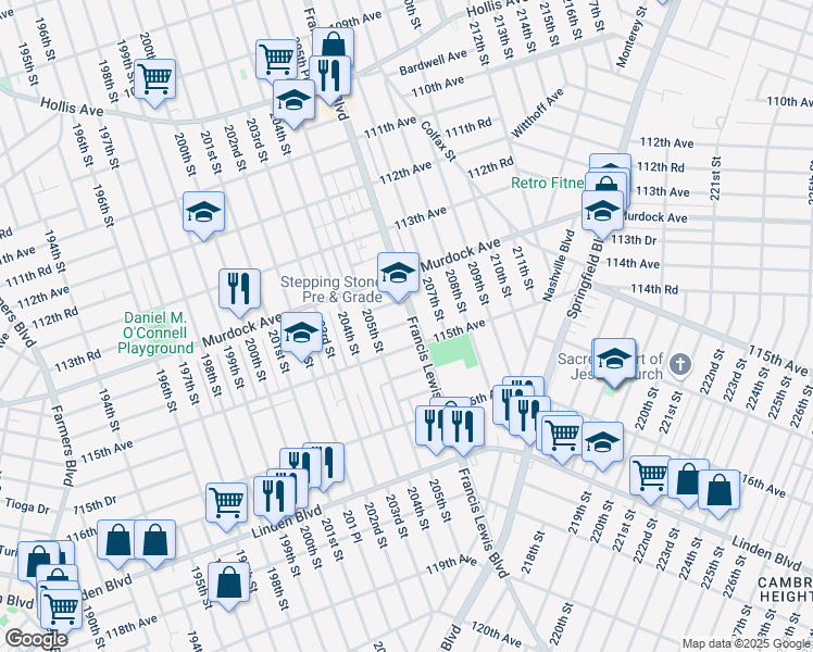 map of restaurants, bars, coffee shops, grocery stores, and more near 205-09 115th Avenue in Queens