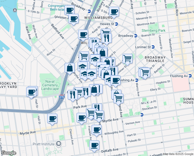 map of restaurants, bars, coffee shops, grocery stores, and more near 178 Wallabout Street in Brooklyn