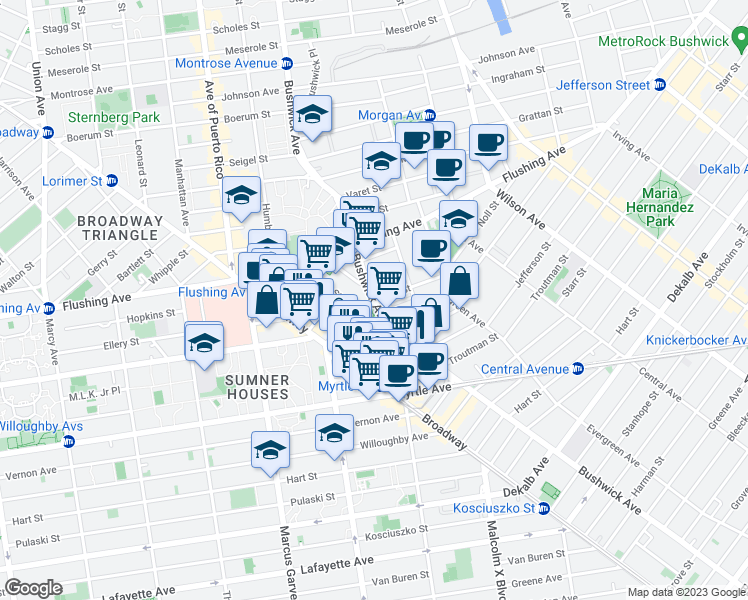 map of restaurants, bars, coffee shops, grocery stores, and more near Bushwick Ave & Noll St in Brooklyn