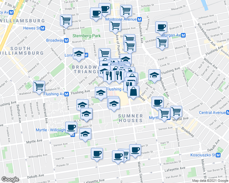 map of restaurants, bars, coffee shops, grocery stores, and more near 720 Flushing Avenue in Brooklyn