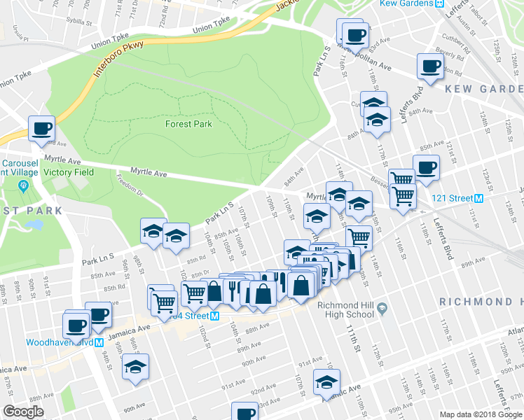 map of restaurants, bars, coffee shops, grocery stores, and more near 84-31 108th Street in Queens