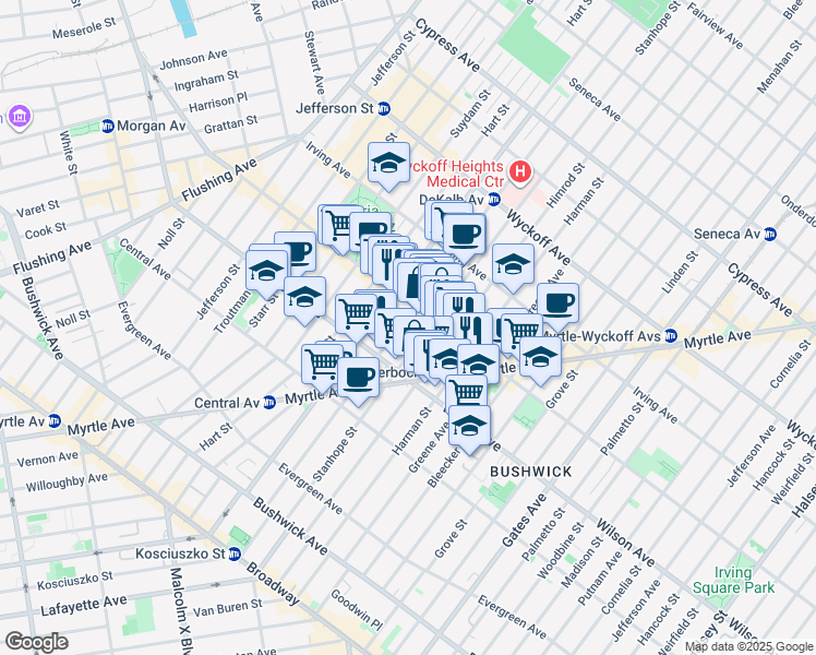 map of restaurants, bars, coffee shops, grocery stores, and more near 180 Stanhope Street in Brooklyn