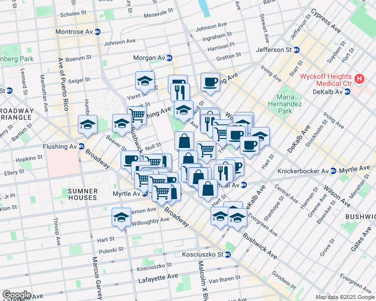 map of restaurants, bars, coffee shops, grocery stores, and more near 95 Evergreen Avenue in Brooklyn