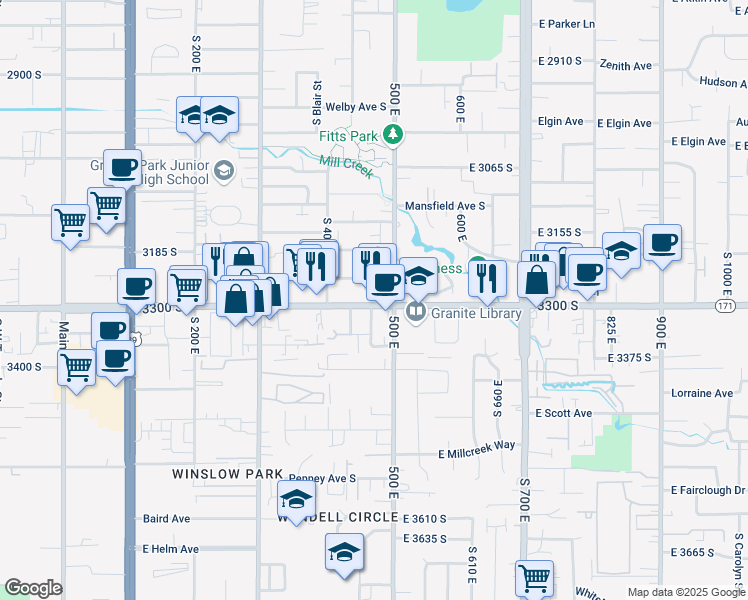 map of restaurants, bars, coffee shops, grocery stores, and more near in South Salt Lake