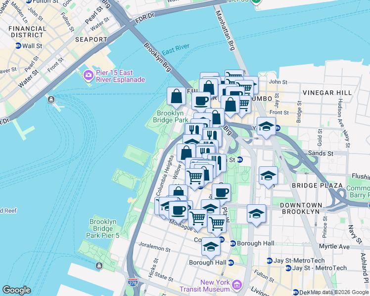 map of restaurants, bars, coffee shops, grocery stores, and more near Willow Street & Cranberry Street in Brooklyn