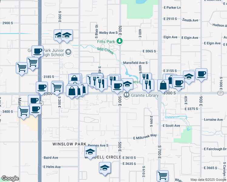 map of restaurants, bars, coffee shops, grocery stores, and more near 465 East 3300 South in South Salt Lake
