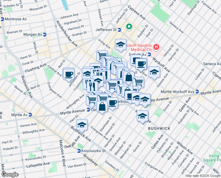 map of restaurants, bars, coffee shops, grocery stores, and more near in Brooklyn