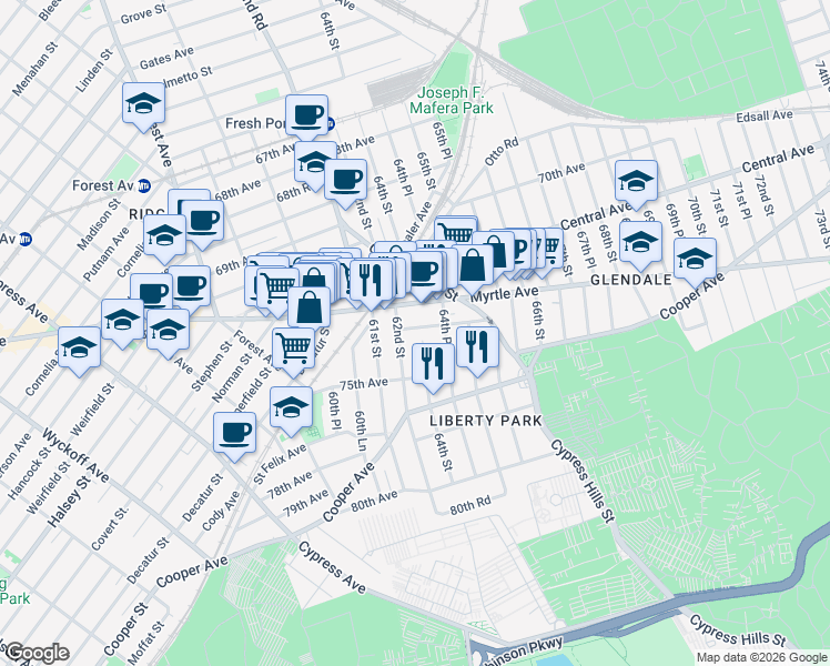 map of restaurants, bars, coffee shops, grocery stores, and more near 74-21 62nd Street in Queens