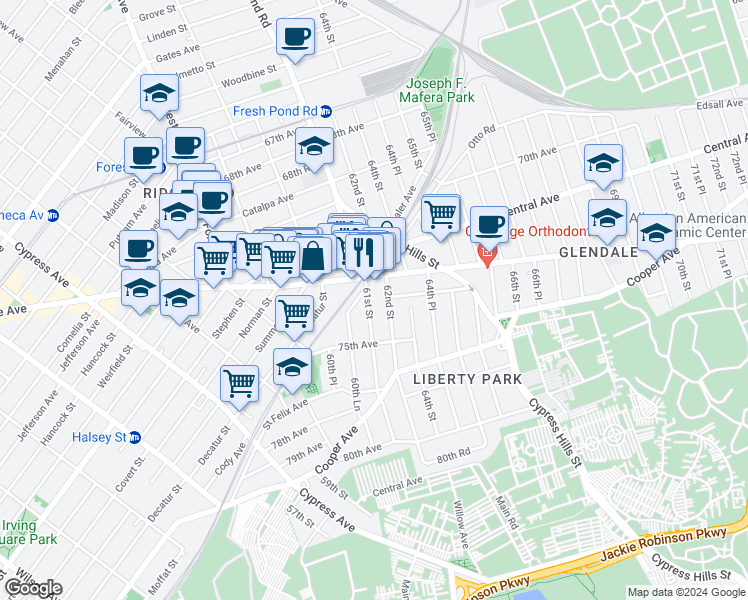 map of restaurants, bars, coffee shops, grocery stores, and more near 72-23 61st Street in Queens