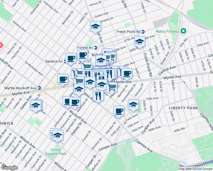map of restaurants, bars, coffee shops, grocery stores, and more near 18-22 Centre Street in Queens