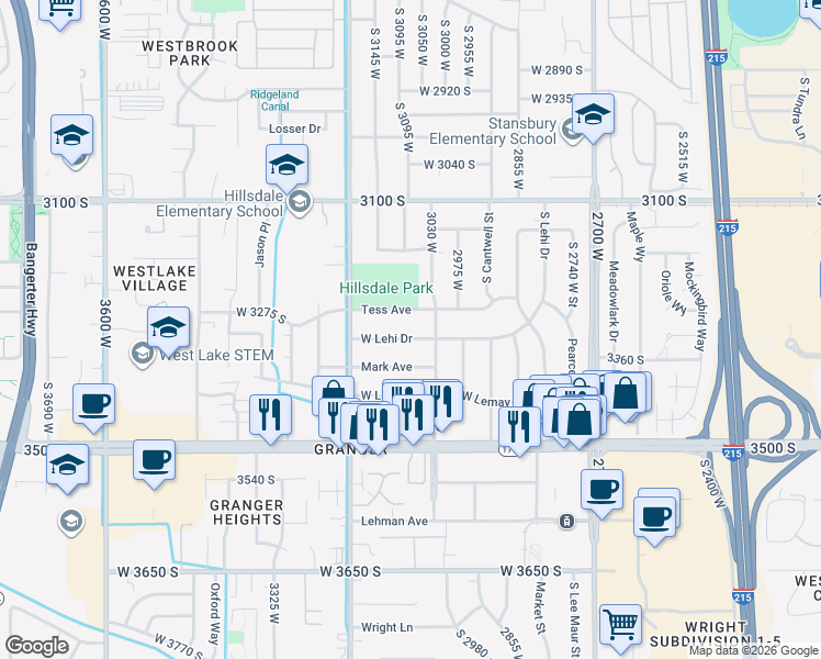 map of restaurants, bars, coffee shops, grocery stores, and more near 3041 West Lehi Drive in West Valley City