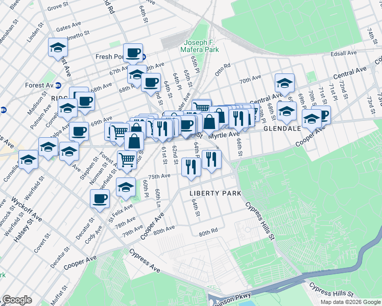map of restaurants, bars, coffee shops, grocery stores, and more near 74-28 64th Place in Queens