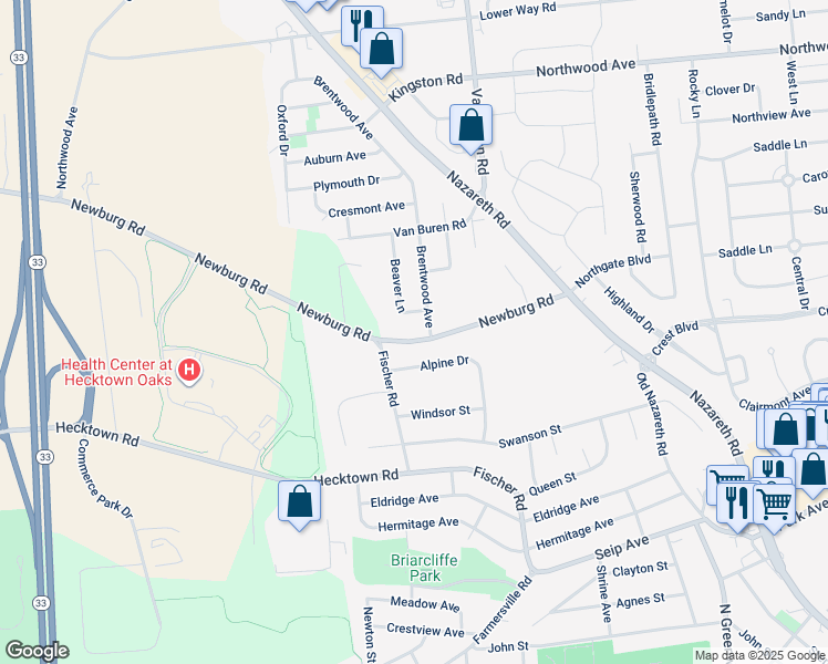 map of restaurants, bars, coffee shops, grocery stores, and more near 2707 Newburg Road in Easton