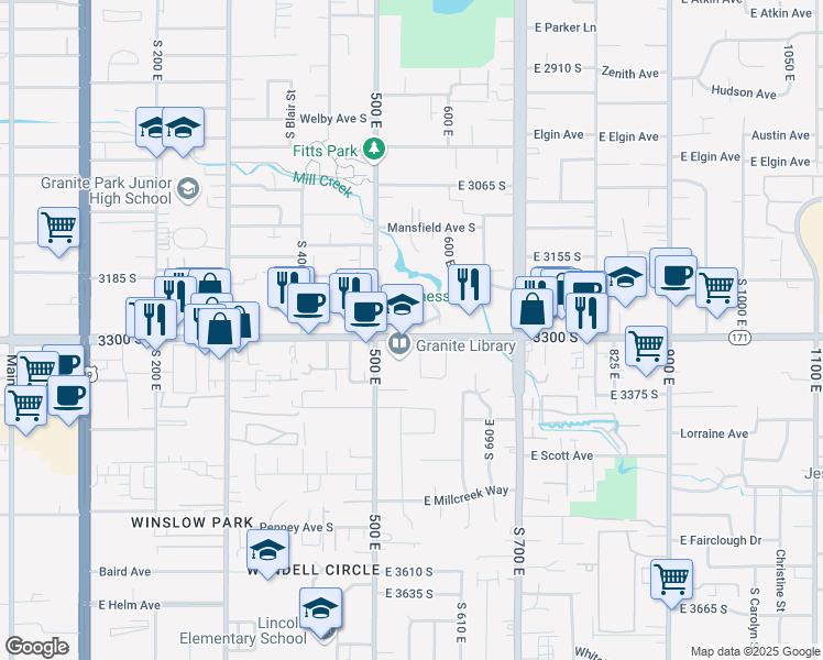 map of restaurants, bars, coffee shops, grocery stores, and more near 542 Bulrush Way in Salt Lake City
