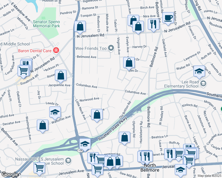 map of restaurants, bars, coffee shops, grocery stores, and more near 2581 Columbus Avenue in North Bellmore