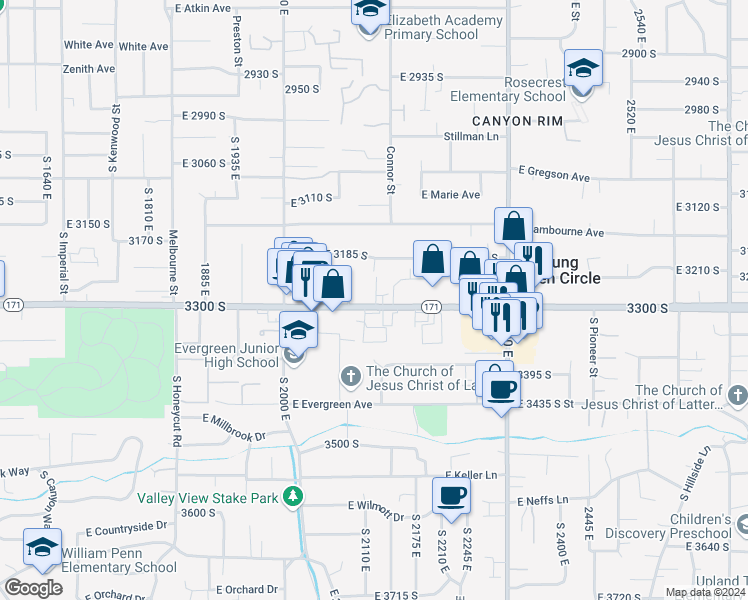 map of restaurants, bars, coffee shops, grocery stores, and more near 2154 East 3300 South in Salt Lake City