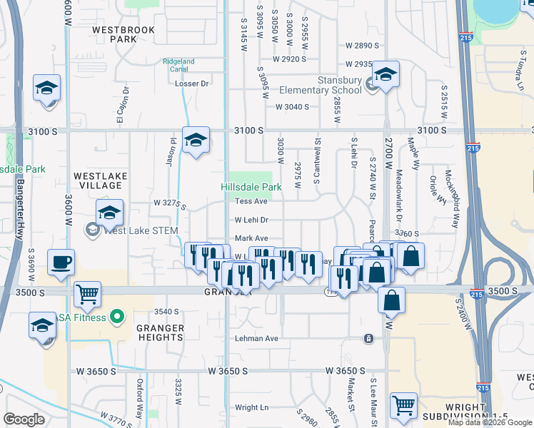 map of restaurants, bars, coffee shops, grocery stores, and more near 3041 West Lehi Drive in West Valley City