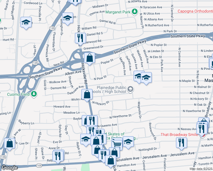map of restaurants, bars, coffee shops, grocery stores, and more near 302 Banbury Road in Massapequa