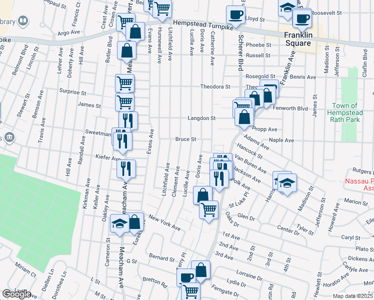 map of restaurants, bars, coffee shops, grocery stores, and more near 339 Clement Avenue in Elmont