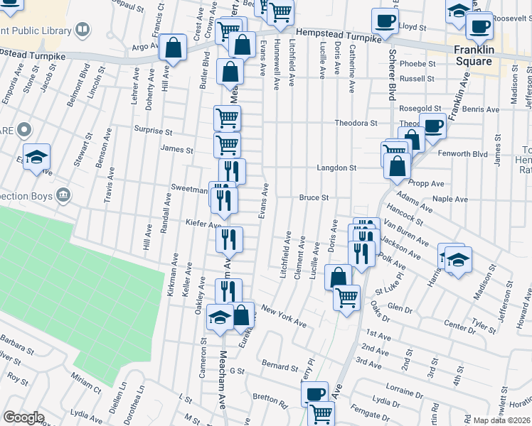map of restaurants, bars, coffee shops, grocery stores, and more near 316 Evans Avenue in Elmont