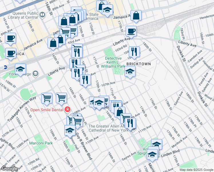 map of restaurants, bars, coffee shops, grocery stores, and more near 107-30 171st Place in Queens