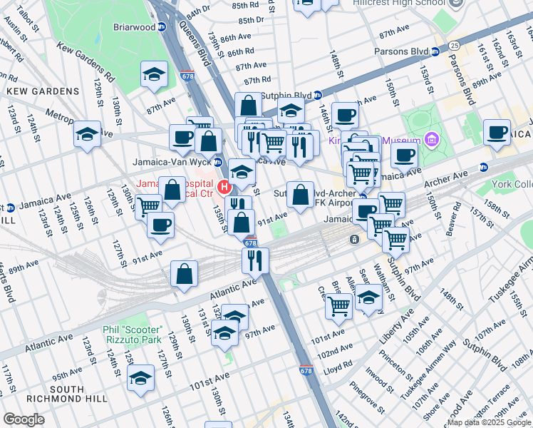 map of restaurants, bars, coffee shops, grocery stores, and more near 137-40 91st Avenue in Queens