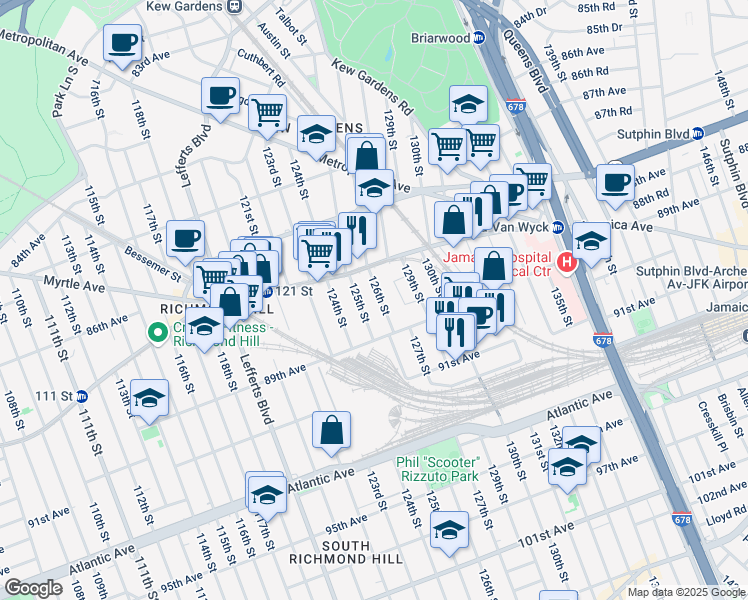 map of restaurants, bars, coffee shops, grocery stores, and more near 87-60 126th Street in Queens