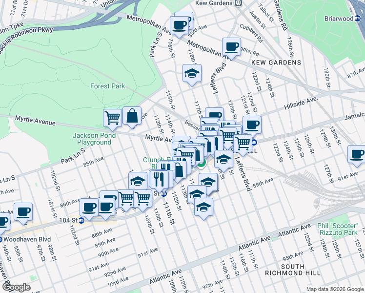 map of restaurants, bars, coffee shops, grocery stores, and more near 113-07 86th Avenue in Queens