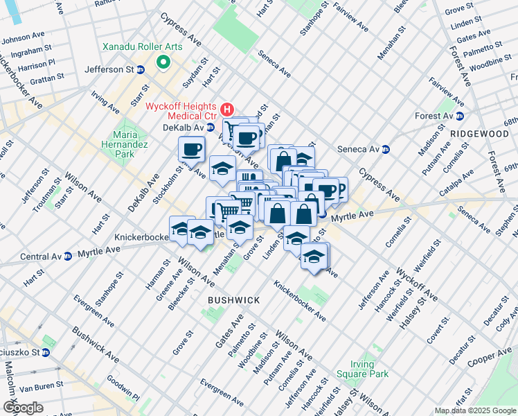 map of restaurants, bars, coffee shops, grocery stores, and more near 272 Irving Avenue in Brooklyn