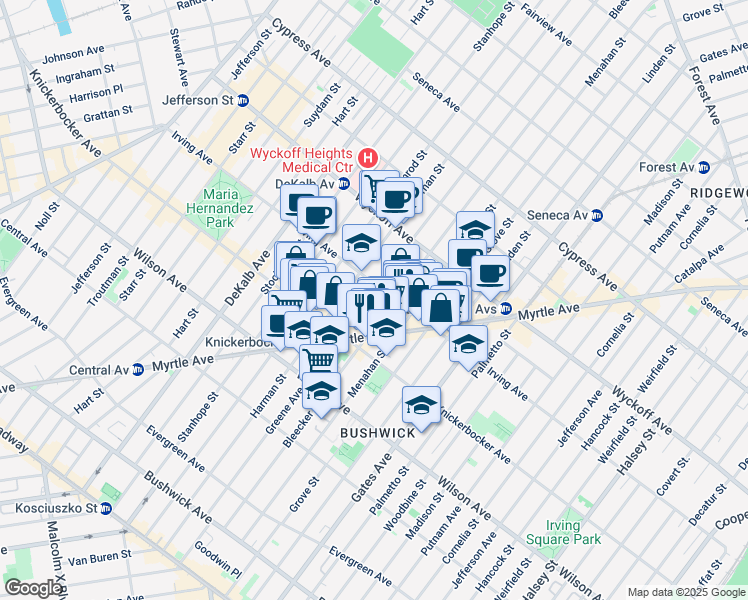 map of restaurants, bars, coffee shops, grocery stores, and more near 275 Bleecker Street in Brooklyn