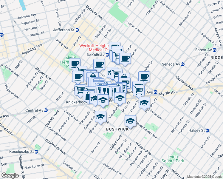 map of restaurants, bars, coffee shops, grocery stores, and more near 1333 Greene Avenue in Brooklyn