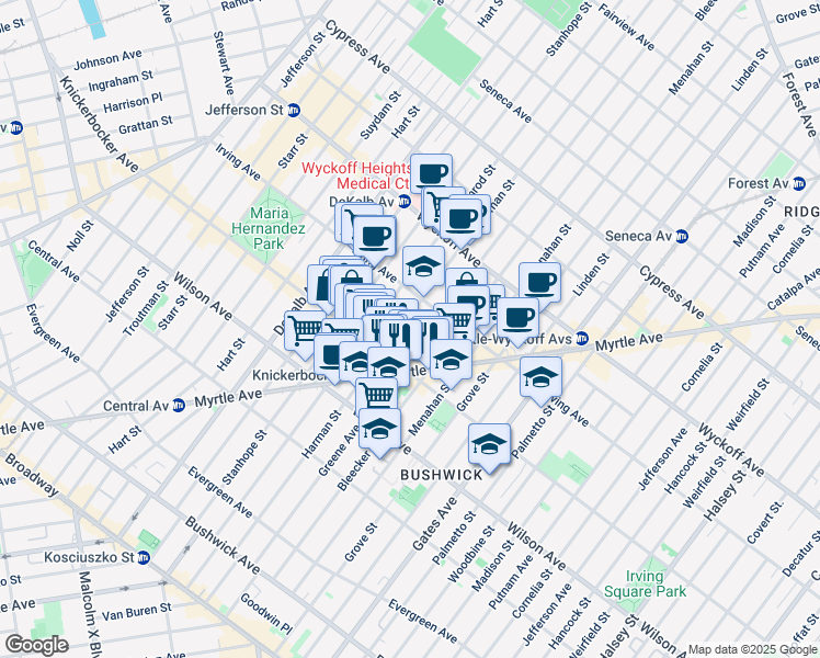map of restaurants, bars, coffee shops, grocery stores, and more near 1333 Greene Avenue in Brooklyn