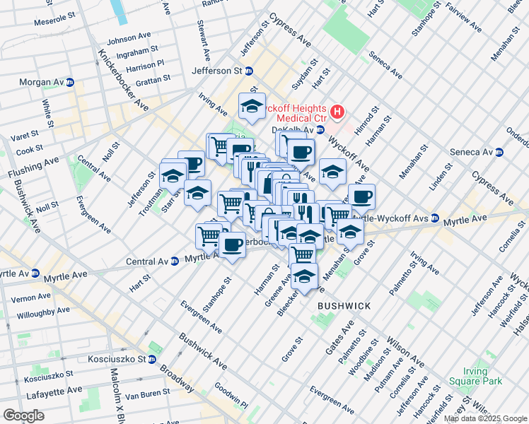 map of restaurants, bars, coffee shops, grocery stores, and more near 180 Stanhope Street in Brooklyn