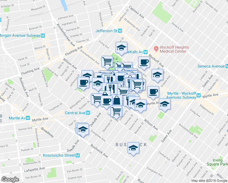map of restaurants, bars, coffee shops, grocery stores, and more near 161 Stockholm Street in Brooklyn
