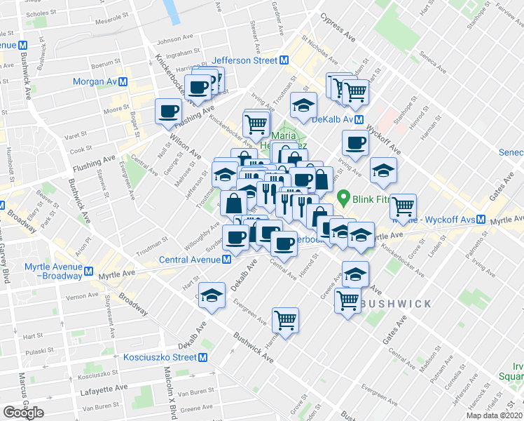 map of restaurants, bars, coffee shops, grocery stores, and more near in Brooklyn