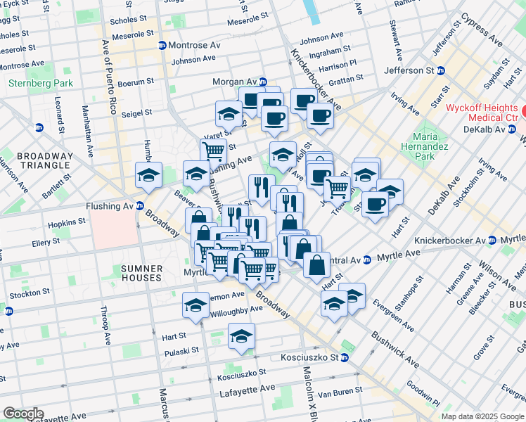 map of restaurants, bars, coffee shops, grocery stores, and more near 107 Melrose Street in Brooklyn