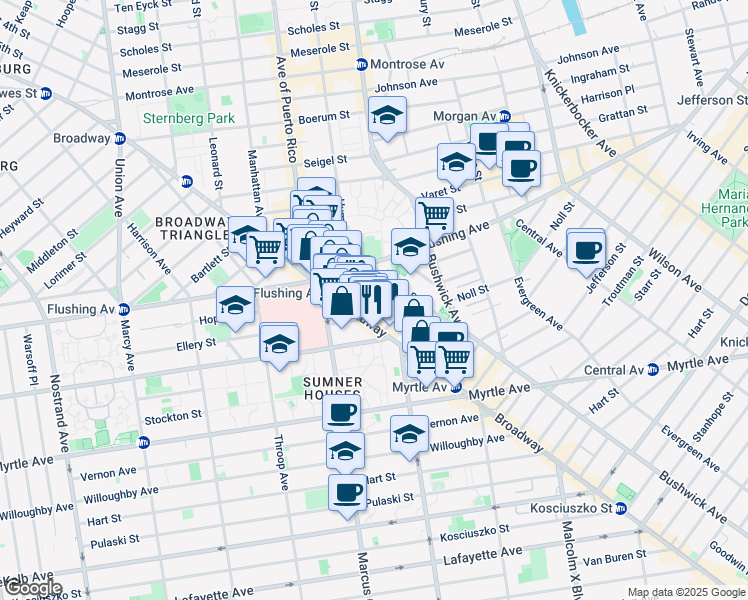 map of restaurants, bars, coffee shops, grocery stores, and more near 823 Broadway in Brooklyn