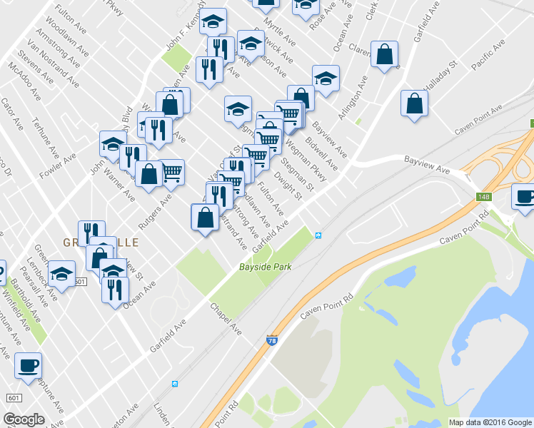 map of restaurants, bars, coffee shops, grocery stores, and more near 13 Woodlawn Avenue in Jersey City