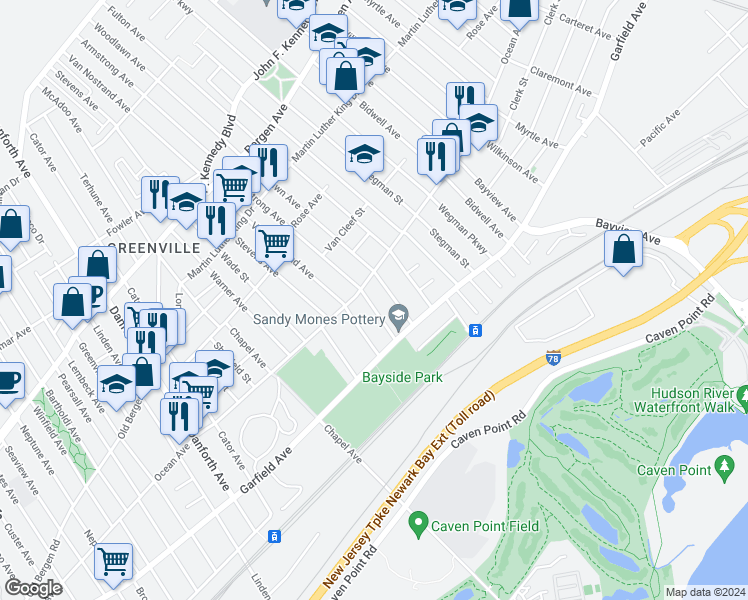 map of restaurants, bars, coffee shops, grocery stores, and more near 42-46 Van Nostrand Avenue in Jersey City
