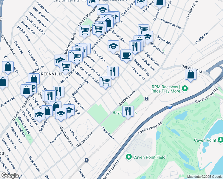 map of restaurants, bars, coffee shops, grocery stores, and more near 42-46 Van Nostrand Avenue in Jersey City