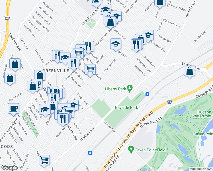 map of restaurants, bars, coffee shops, grocery stores, and more near 369 Ocean Avenue in Jersey City