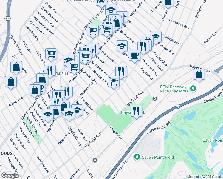 map of restaurants, bars, coffee shops, grocery stores, and more near 369 Ocean Avenue in Jersey City