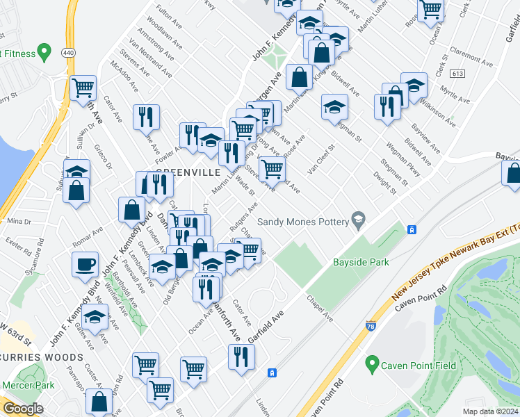 map of restaurants, bars, coffee shops, grocery stores, and more near 48 Warner Avenue in Jersey City