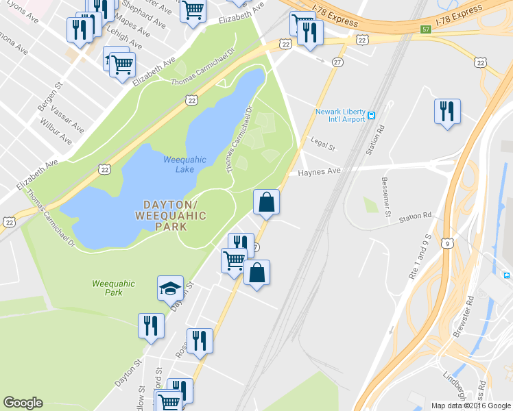 map of restaurants, bars, coffee shops, grocery stores, and more near 641 Frelinghuysen Avenue in Newark