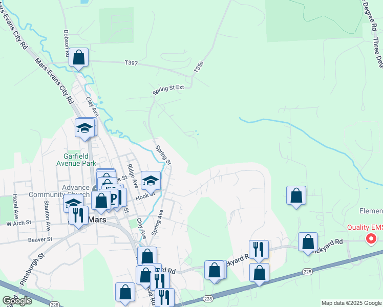 map of restaurants, bars, coffee shops, grocery stores, and more near 601 Spring Street in Mars